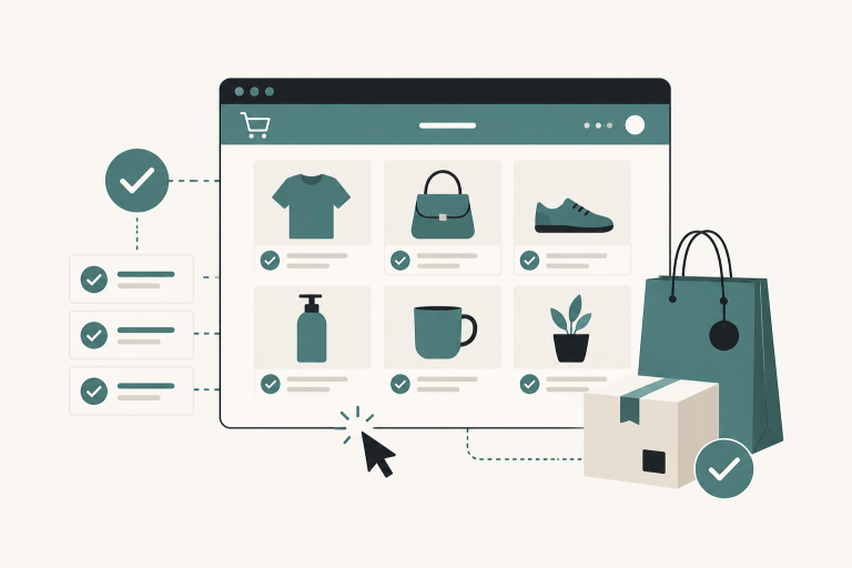 Contentpflege für Onlineshops Illustration eines Onlineshops mit gepflegten Produktinformationen