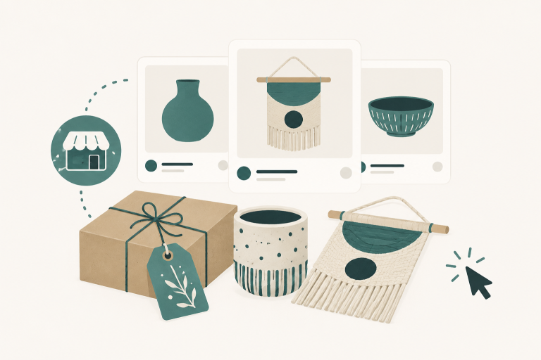 Etsy-Shops und Marktplatzhändler Illustration eines Etsy-Shops und Marktplatzhandels mit Produkten, Verpackung und Verkaufsetiketten